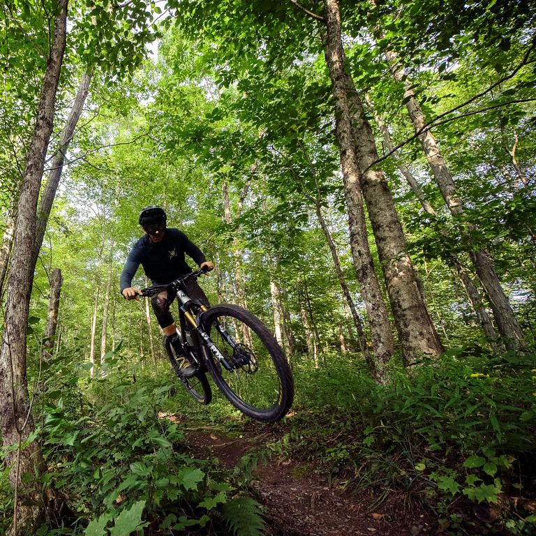 mountain biker in the woods on a trail mountain biker in the woods on a trail