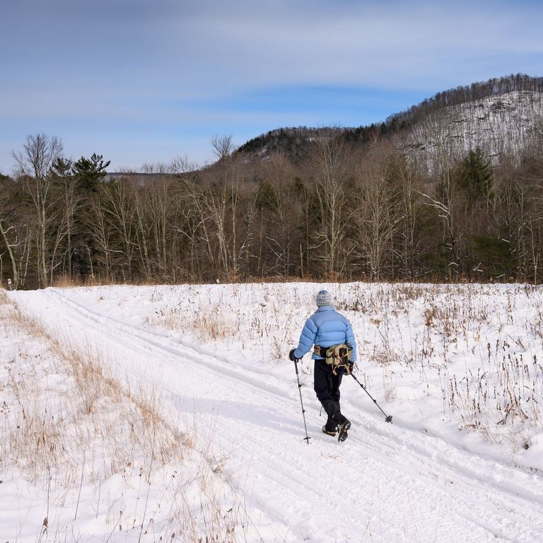 Winter hiker on a trail with a mountain in the distance Winter hiker on a trail with a mountain in the distance